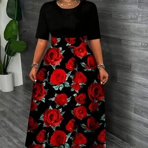 Black and Red Rose Print Dress